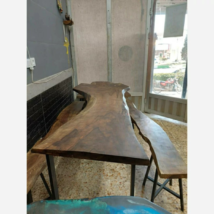 میز روستیک گردو 14 نفره رستورانی به همراه نیمکت چوب درخت گردو