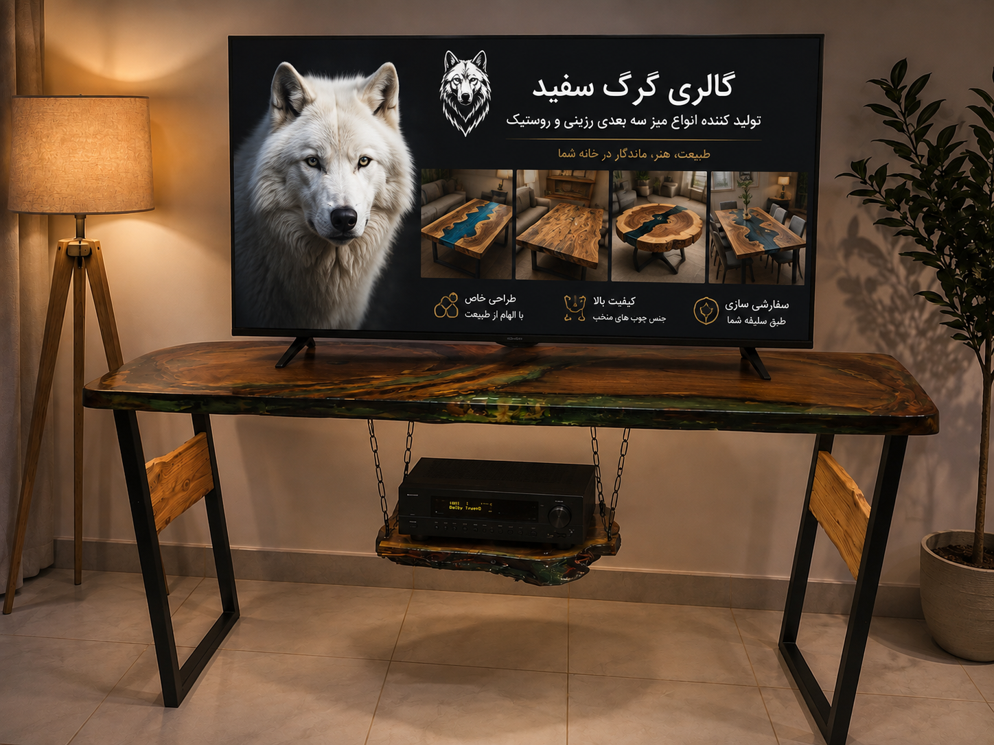 میز تلوزیون تمام رزینی روستیک با چوب زیبای درخت گردو و طرح سه بعدی باغچه گل